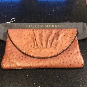NWOT Lauren Merkin brown ostrich stamped clutch